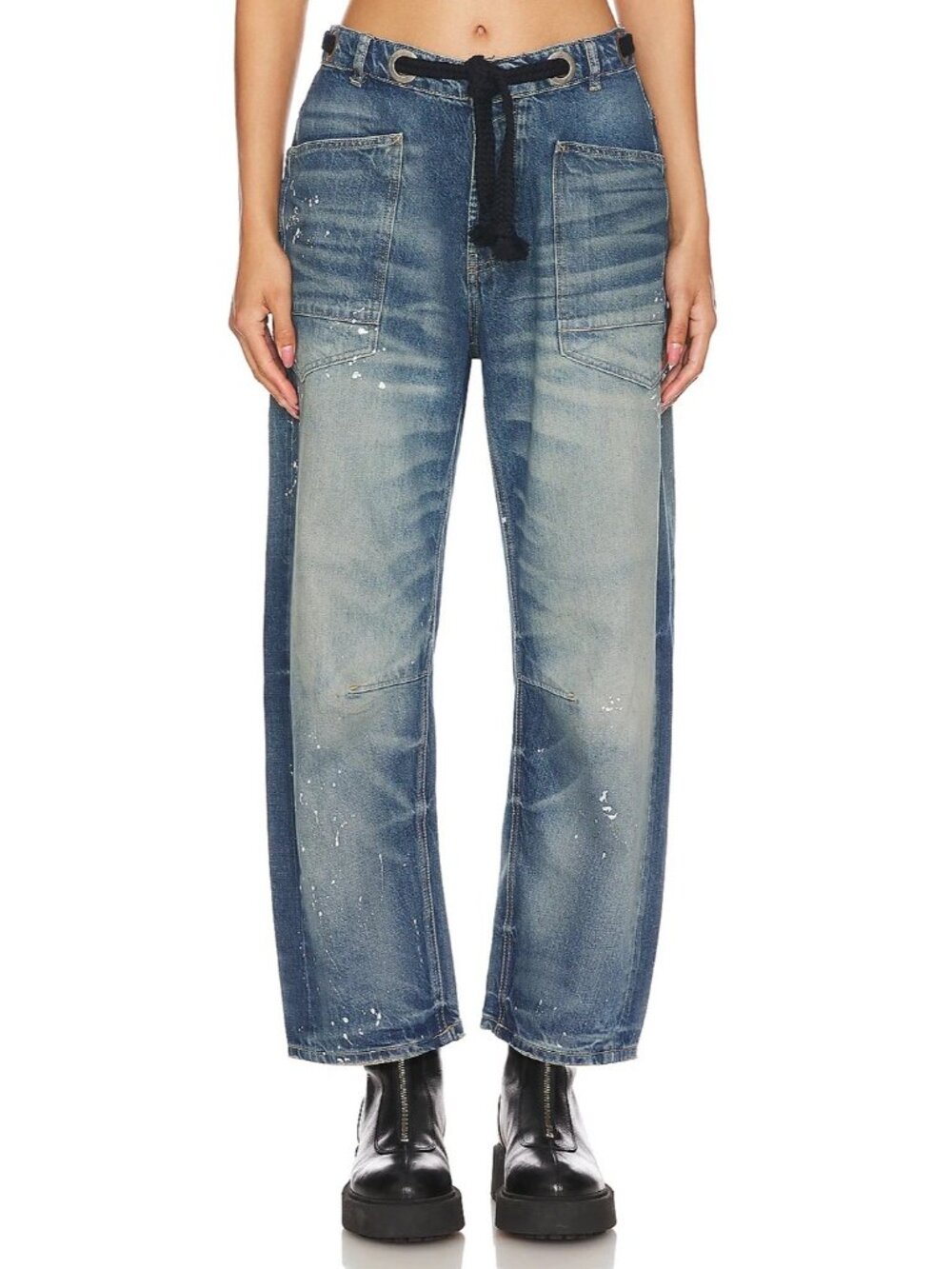 NWT We The Free People Moxie in Timeless Blue Distressed Barrel Jeans 25